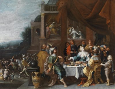 Ahasver und Haman beim Gastmahl der Esther von Circle of Frans Francken the Younger